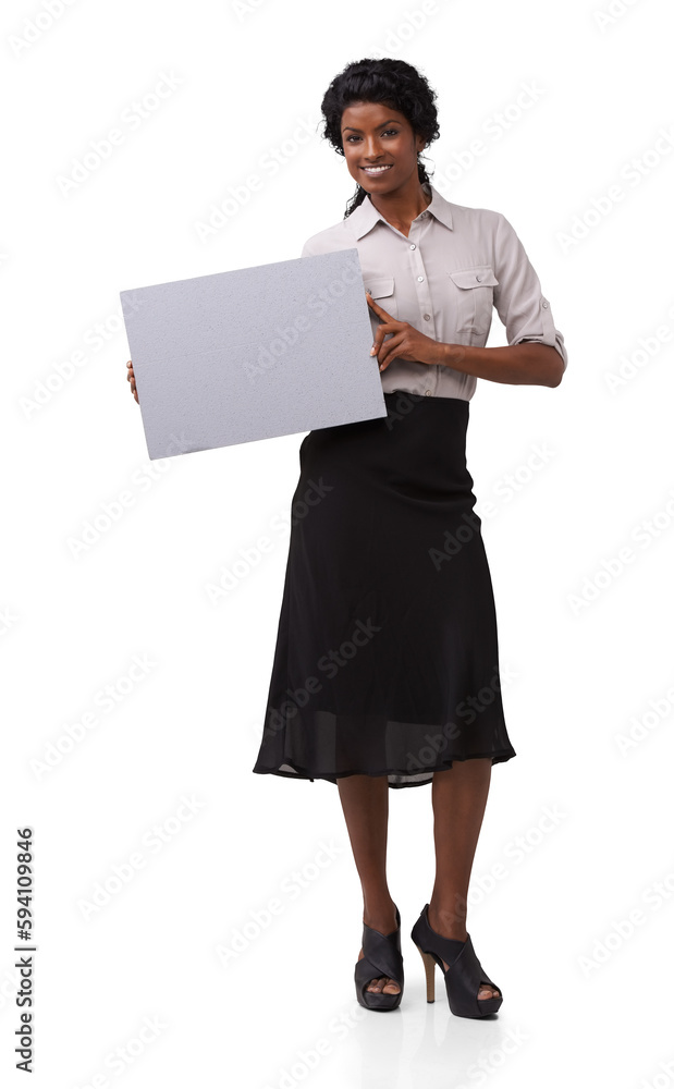 Fashion, mockup and portrait of woman with poster for advertising, product placement or marketing. Happy, smile and Indian female model with formal outfit with blank paper isolated by png background. Fashion, mockup and portrait of woman with poster for advertising, product placement or marketing. Happy, smile and Indian female model with formal outfit with blank paper isolated by png background.