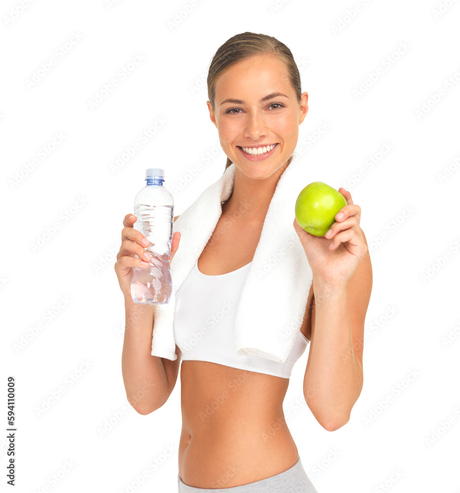 Health, wellness and portrait of woman with apple, water and towel on png, isolated and transparent background. Fitness, exercise and happy girl with fruit for nutrition, diet and vitamins to workout Health, wellness and portrait of woman with apple, water and towel on png, isolated and transparent background. Fitness, exercise and happy girl with fruit for nutrition, diet and vitamins to workout