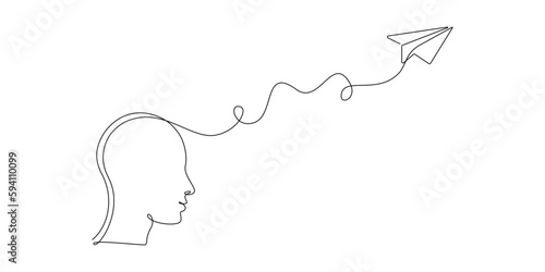 Person with confused feelings in one continuous line drawing. Men head profile who worried about mental health and paper plane in simple linear style. Editable stroke. Doodle vector illustration