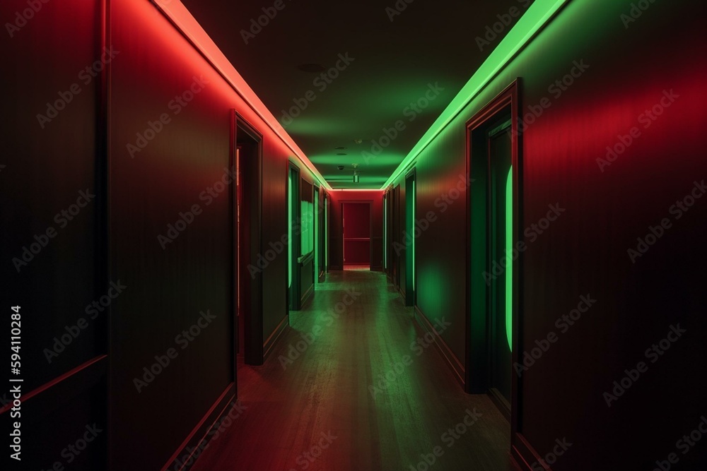 Dark empty hallway with green and red lighting. Generative AI