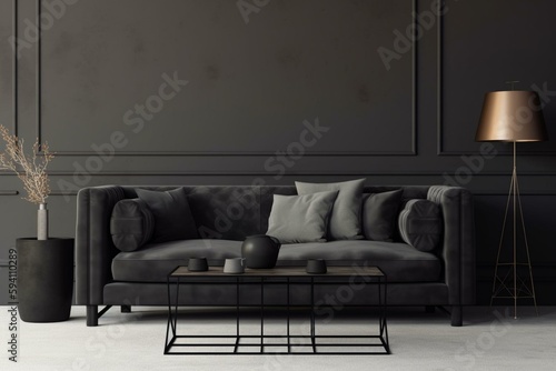 Living room interior with black sofa and empty grey wall. Generative AI