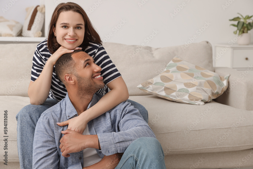 Dating agency. Happy couple spending time together at home, space for text Dating agency. Happy couple spending time together at home, space for text