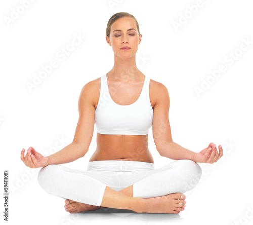 Lotus pose, yoga and woman fitness on isolated, transparent and png background. Sports, meditation and calm lady with zen, peace and relax during training, wellness and cardio exercise workout
