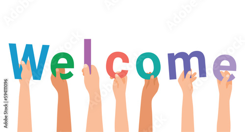 Group of hands holding welcome colorful letter words