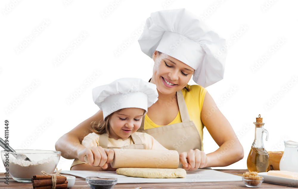 Happy loving family prepares bakery together. Happy loving family prepares bakery together.