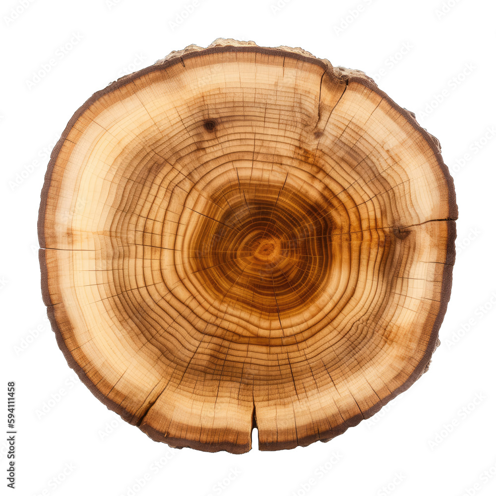 Obraz premium Close-up wooden cut texture. Wood round slice, isolated on transparent background. Generative AI