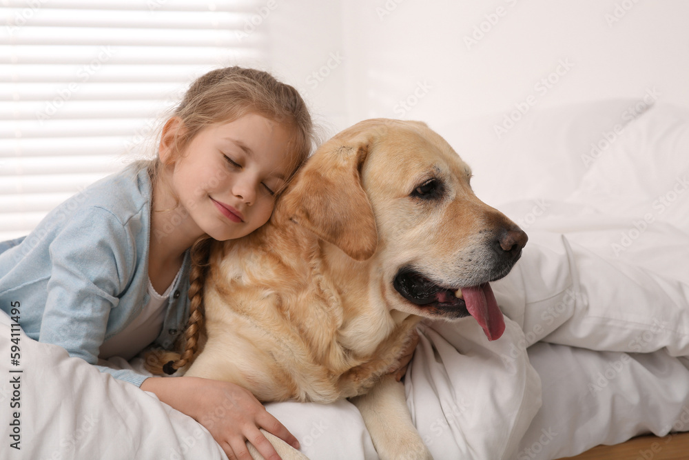 Young girl with her adorable dog on bed at home Young girl with her adorable dog on bed at home