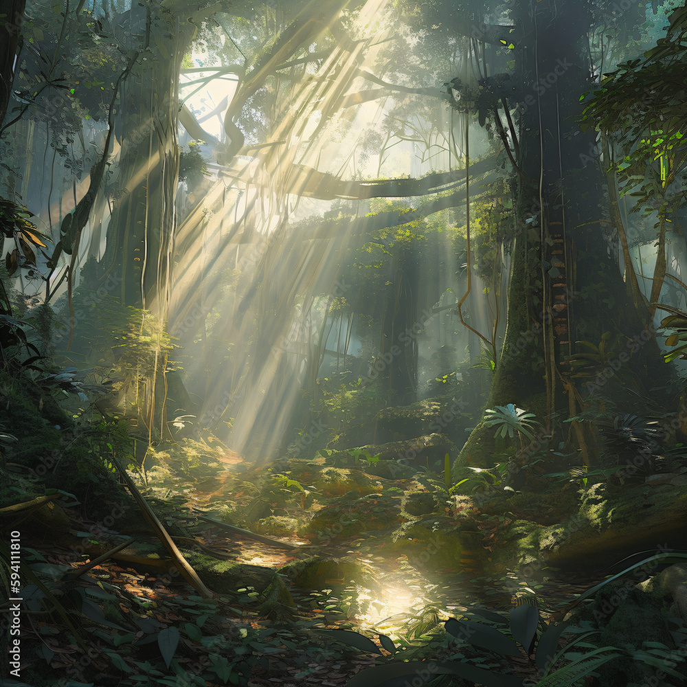 sunlight in the jungle concept art illustration Generative Ai