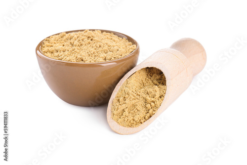 Bowl and wooden scoop with aromatic mustard powder on white background