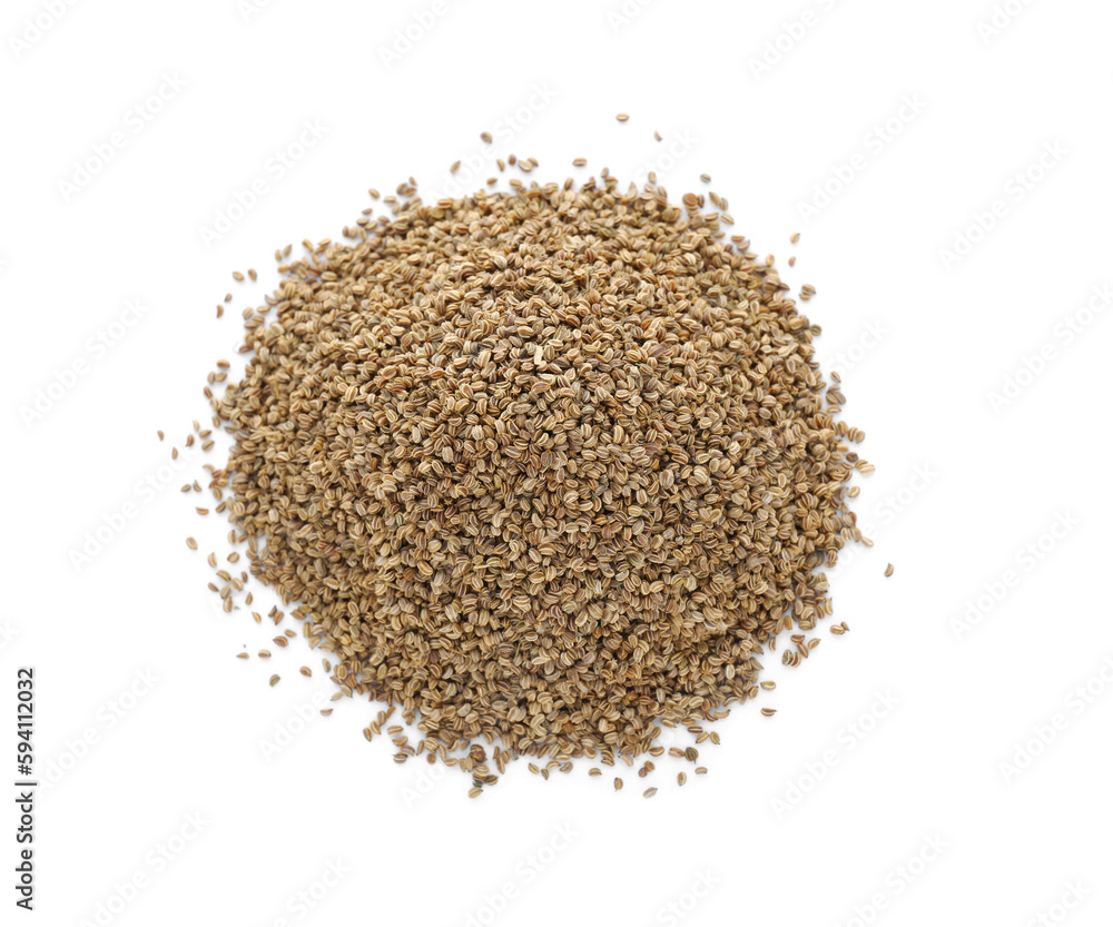 Pile of celery seeds isolated on white, top view Pile of celery seeds isolated on white, top view