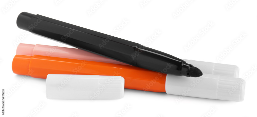 Different stylish colorful markers on white background
