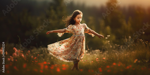 Graceful young girl in motion dancing in a field of flowers in the summertime wearing a flowing dress Generative AI