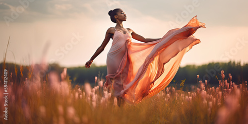 graceful young woman in motion dancing in a field of flowers in the summertime wearing a long flowing dress - Generative AI 