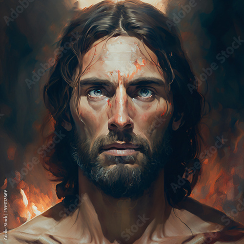 Fotografija Jesus face painting portrait Generative Ai