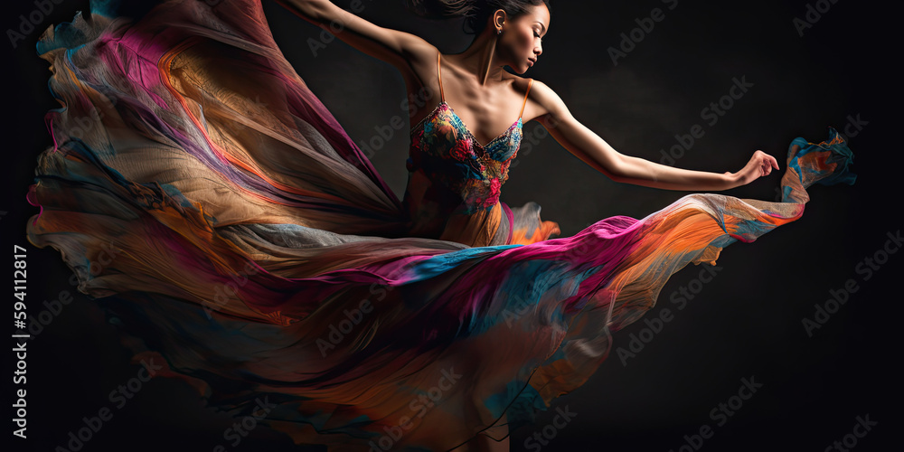 Breathtaking image of woman dancer in motion wearing long flowing dress studio setting with dramatic studio lighting - Generative AI 