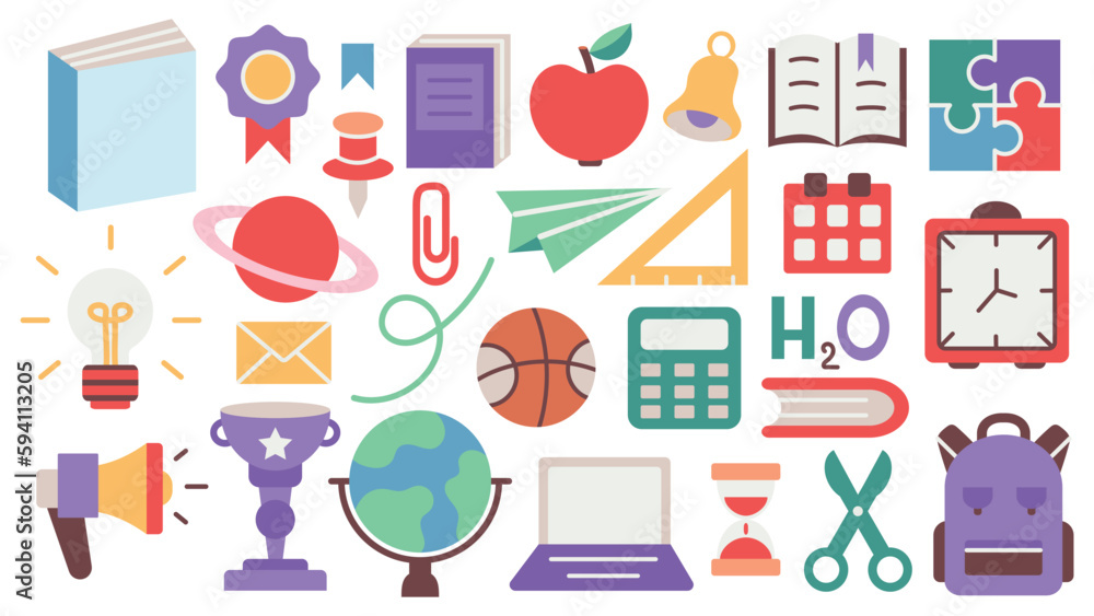 Back to school. A set of flat icons of stationery for studying at school. Collection of isolated education colorful kids accessory. vector object stuff design. cartoon graphic patch element children Back to school. A set of flat icons of stationery for studying at school. Collection of isolated education colorful kids accessory. vector object stuff design. cartoon graphic patch element children