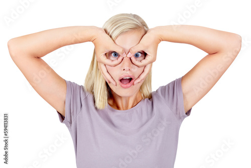 Fotografie Funny face, goofy and silly with woman on png background for comedy, mask and crazy