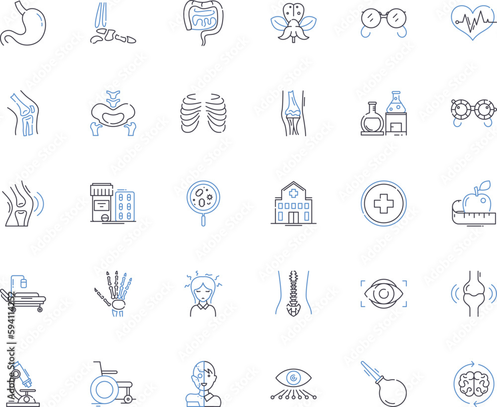 Surgical operation line icons collection. Incision, Anesthesia, Scalpel, Recovery, Hemostasis, Sutures, Dissection vector and linear illustration. Laparotomy,Adhesions,Drainage outline signs set