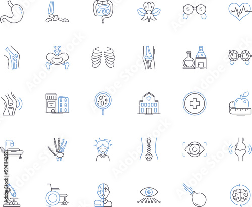 Surgical operation line icons collection. Incision, Anesthesia, Scalpel, Recovery, Hemostasis, Sutures, Dissection vector and linear illustration. Laparotomy,Adhesions,Drainage outline signs set