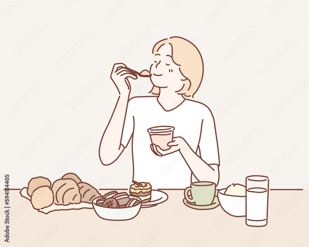 Woman sits at table overloaded with many desserts. Hand drawn style vector design illustrations. Woman sits at table overloaded with many desserts. Hand drawn style vector design illustrations.