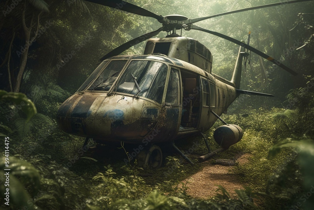 Abandoned old helicopter in overgrown uninhabited jungle. Helicopter