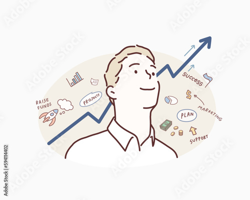 Business Success concept. 
Business man looking future. Hand drawn style vector design illustrations.