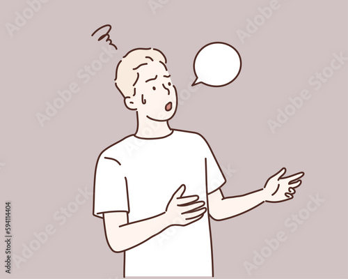 man with incredulous look is talking about a problem using gestures. Hand drawn style vector design illustrations.