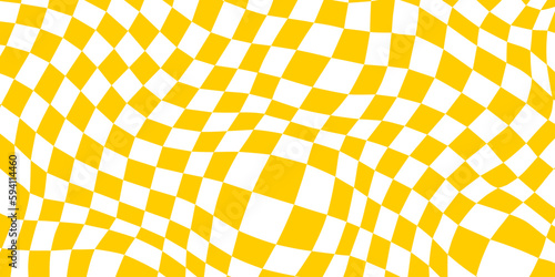 Trippy checkerboard background. Yellow retro psychedelic checkered wallpaper. Wavy groovy chessboard surface. Distorted and twisted geometric pattern. Abstract vector backdrop