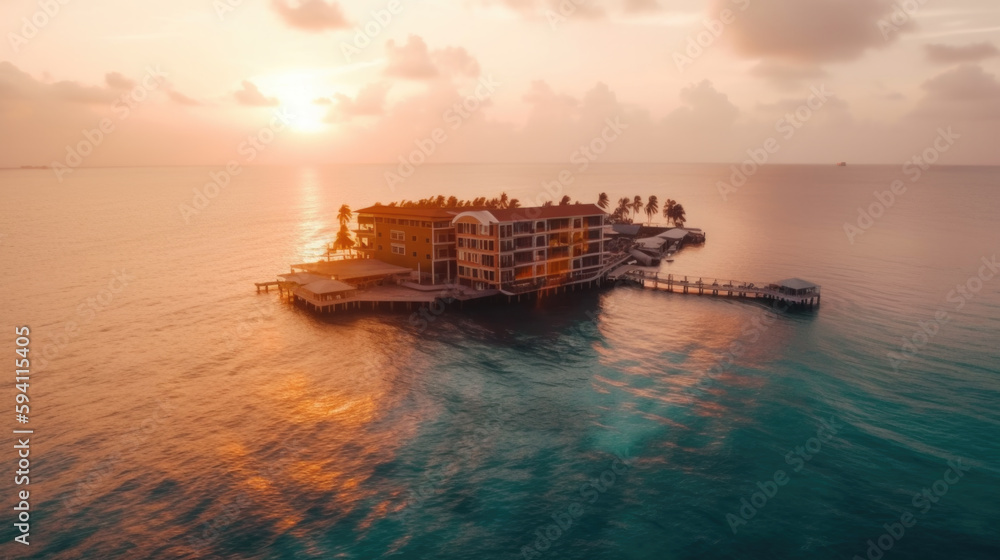 aerial view of a hotel on a beautiful island in the middle of the sea at sunset. Generative AI