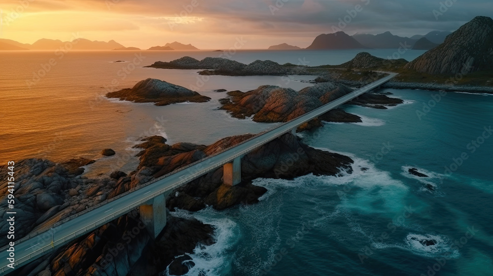 Fototapeta premium aerial view of a road going along the sea at sunset. Generative AI