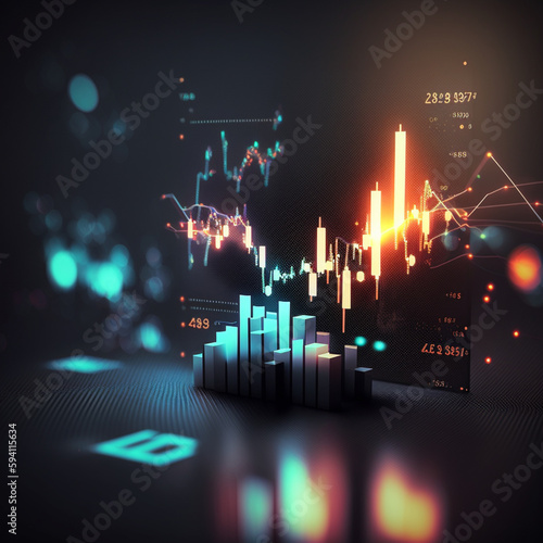 Stock market and investing concept with dark background with place for your advertising poster, blurred dots and digital glowing financial chart candlestick and graphs. 3D rendering, mock up © Fellipe