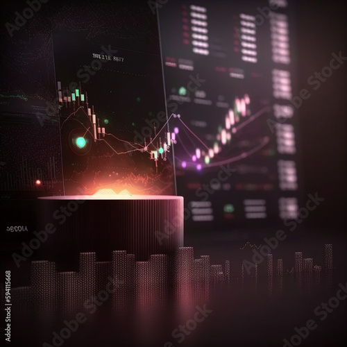 Stock market and investing concept with dark background with place for your advertising poster, blurred dots and digital glowing financial chart candlestick and graphs. 3D rendering, mock up