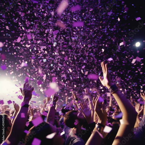 Party crowd celebrating in rain of confetti during concert at festival