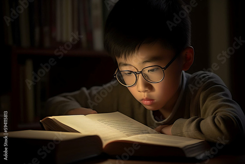 An Asian boy is studying at home made by AI