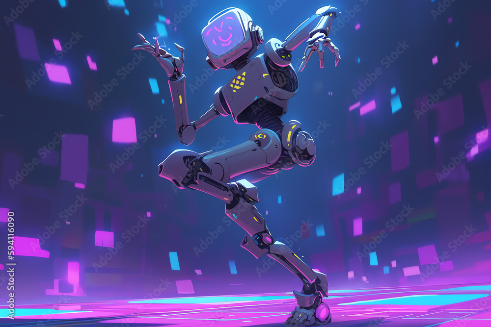 A robot in a dance pose, surrounded by a hologram