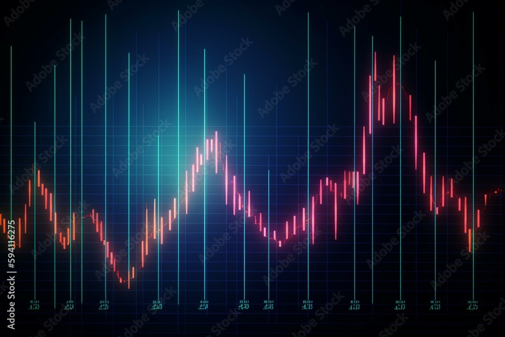 Technical price graph and indicator, red and blue candlestick chart on blue theme screen, market volatility, up and down trend. Stock trading, crypto currency background. by ai. Generative AI