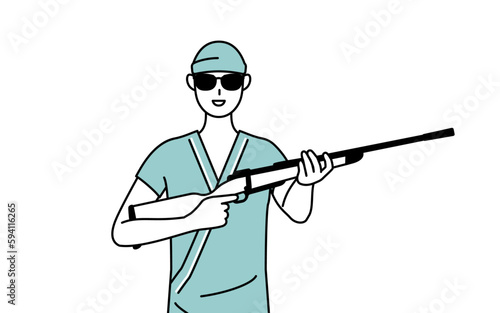 サングラスをかけてライフル銃を持つ男性入院患者