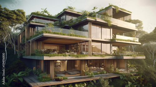 Large luxury villa design in three stories, large balconies completly filled with plants, lush green landscape like bali © Artofinnovation