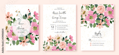 wedding invitation set with pink peach floral watercolor