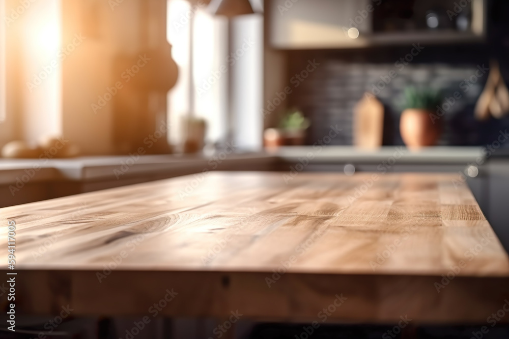 Wooden table with unfocused kitchen background, interiors, image created with AI