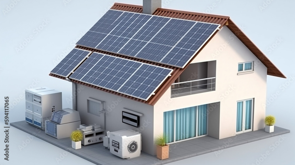 Illustration of sustainable home powered by green energy and solar panels.