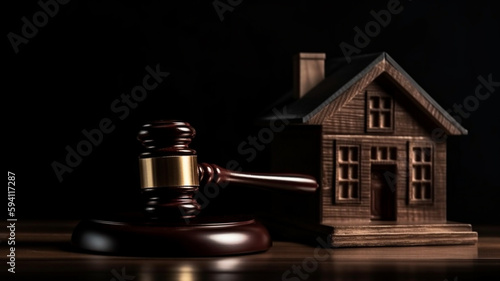 Judge auction and real estate concept. Gavel justice hammer and minitiature house model.