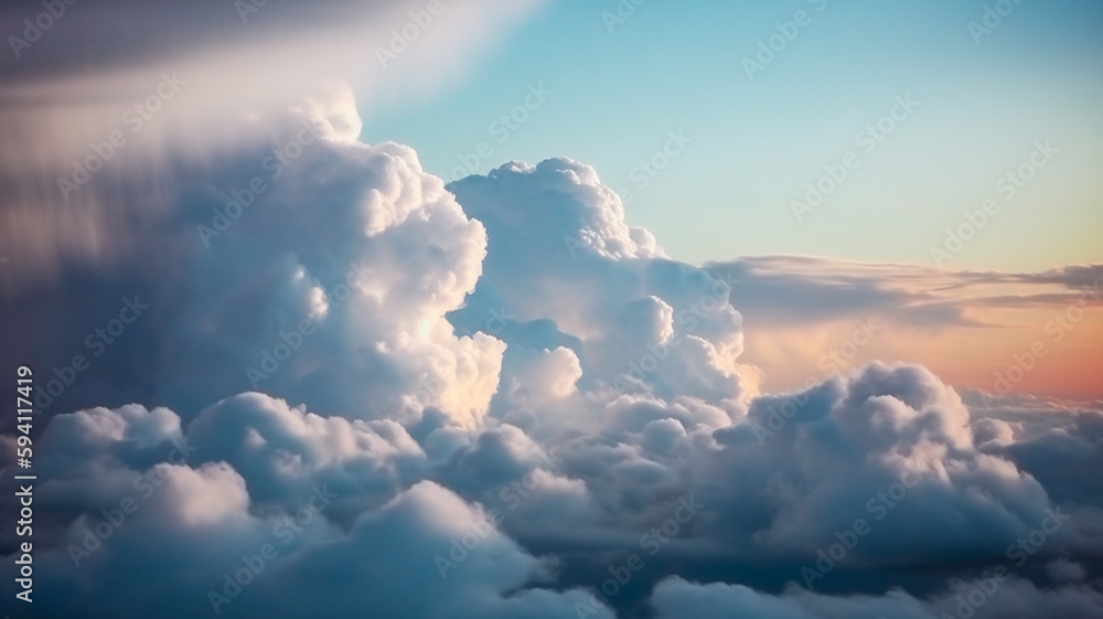 Fototapeta premium Clouds high in the sky, view from airplane, blue sky and sunrise.