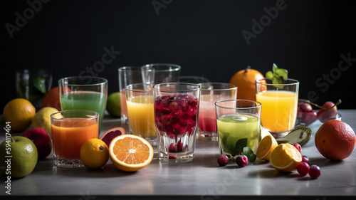 Healthy fruit juices on empty studio background.