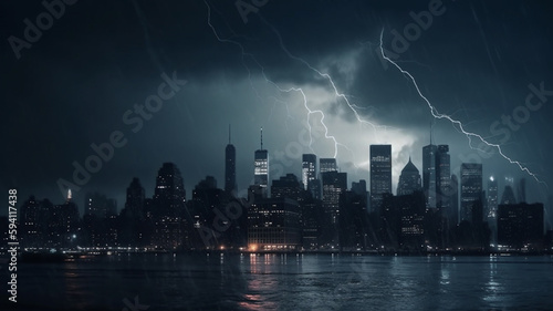 Thunderstorm and rain in city, background skyline with building and skyscrapers.
