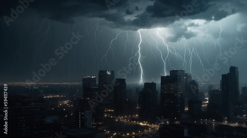 Thunderstorm and rain in city, background skyline with building and skyscrapers.
