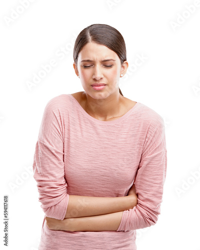 Fotografia Constipation, woman and stomach pain, sick or digestion problem isolated on transparent png background