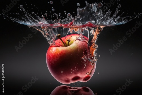 Water splash and fruits isolated on black background. Fresh apple. AI Generative