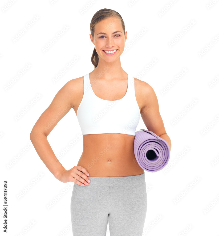 Portrait, yoga and a woman with a mat for fitness isolated on transparent png background. Gym, training and wellness with a female athlete or yogi carrying equipment for balance exercise and workout Portrait, yoga and a woman with a mat for fitness isolated on transparent png background. Gym, training and wellness with a female athlete or yogi carrying equipment for balance exercise and workout
