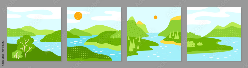 Fototapeta premium Summer landscape fields and green hills set. Abstract scenery flat minimalist design for poster, cover, postcard, book cover brochure flyer, template typography. Summer time season vector illustration
